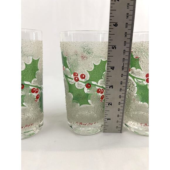 VTG Fred Press Holiday Ice Frosted Holly Leaves & Berries Glasses Set of 3 MCM - Picture 3 of 13